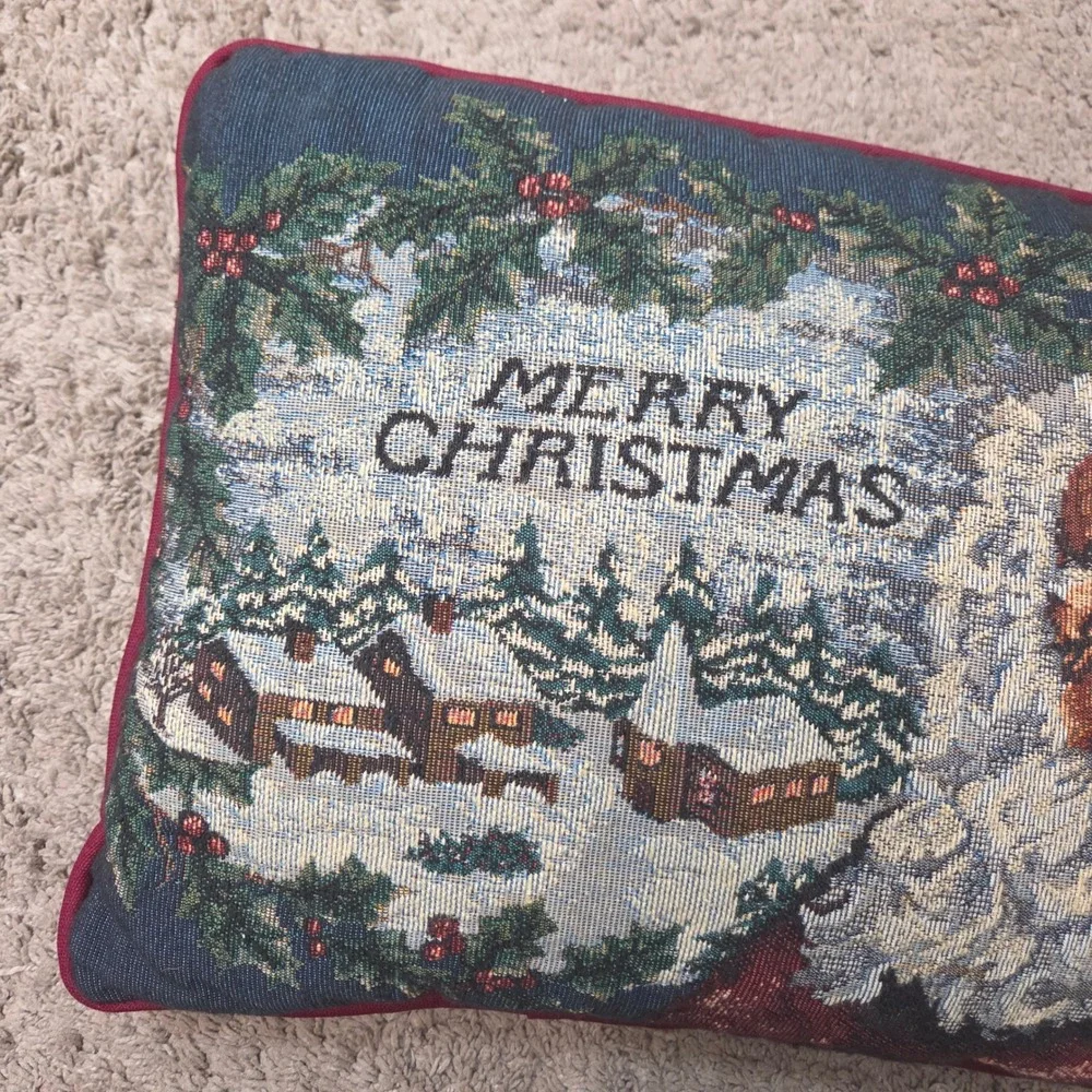 Merry Christmas Santa Claus Tapestry Throw Pillow Burgundy 16x11 Holiday‎ Decor